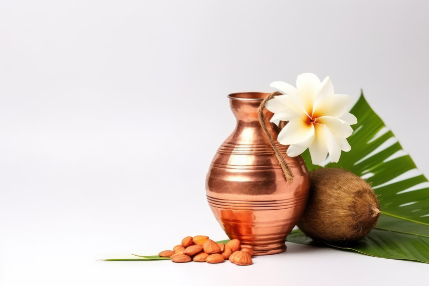 Copper kalash with coconut mango leaf and floral decoration on a white background hindu puja for divine rituals Copper kalash with coconut mango leaf and floral decoration on a white background hindu puja for divine rituals
