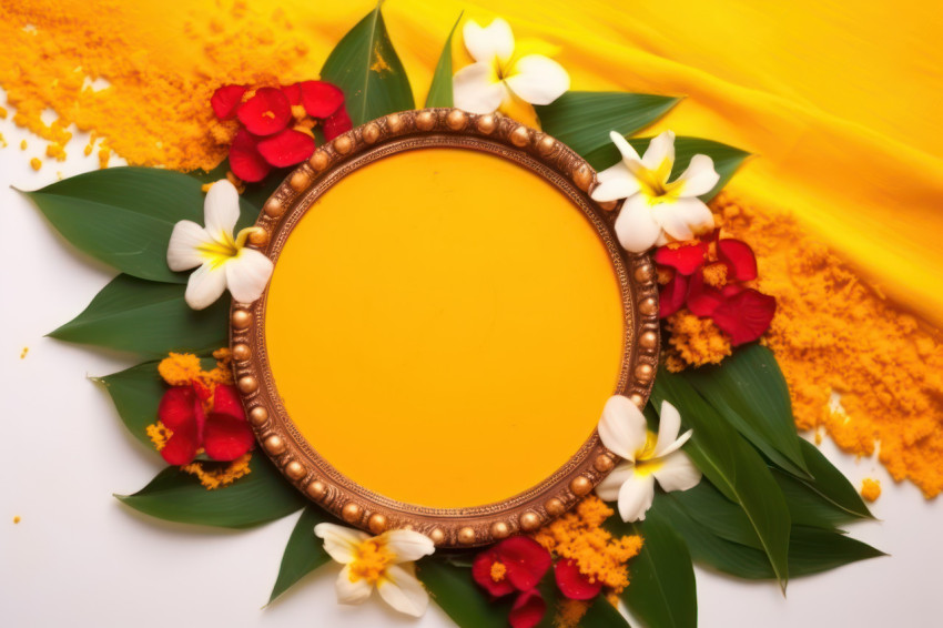 Festival celebration decoration with haldi kumkum flowers and leaves creating a vibrant and colorful arrangement for worship Festival celebration decoration with haldi kumkum flowers and leaves creating a vibrant and colorful arrangement for worship