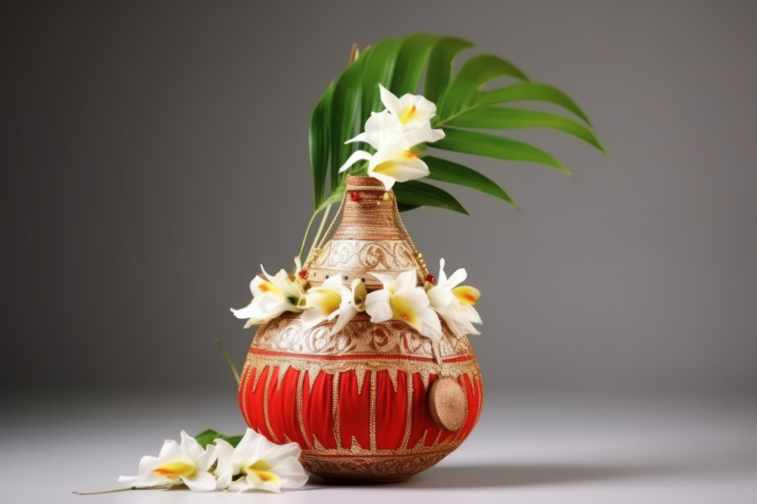 Traditional kalash adorned with coconut leaf and floral decor for auspicious occasions and religious ceremonies Traditional kalash adorned with coconut leaf and floral decor for auspicious occasions and religious ceremonies