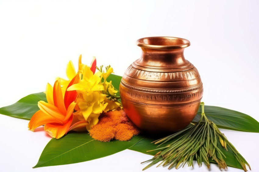 Copper kalash with coconut mango leaf and marigold flower isolated on white background Copper kalash with coconut mango leaf and marigold flower isolated on white background