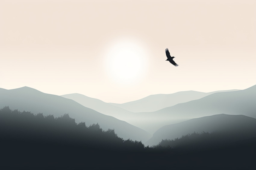 Minimalist monochromatic landscape featuring a solitary bird in graceful flight against a serene backdrop Minimalist monochromatic landscape featuring a solitary bird in graceful flight against a serene backdrop
