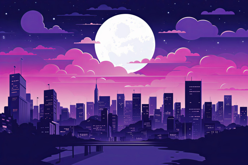 Moonlight bathes a captivating purple cityscape in this minimalist illustration revealing a dreamy urban panorama with towering buildings aglow Moonlight bathes a captivating purple cityscape in this minimalist illustration revealing a dreamy urban panorama with towering buildings aglow
