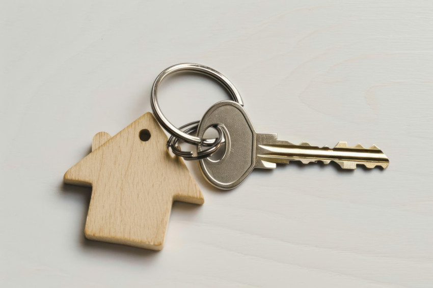 House shaped key chain attached to a key symbolizing home ownership and security House shaped key chain attached to a key symbolizing home ownership and security