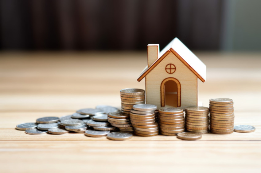 House key and coin stack on table symbolizing real estate or home rental concept House key and coin stack on table symbolizing real estate or home rental concept