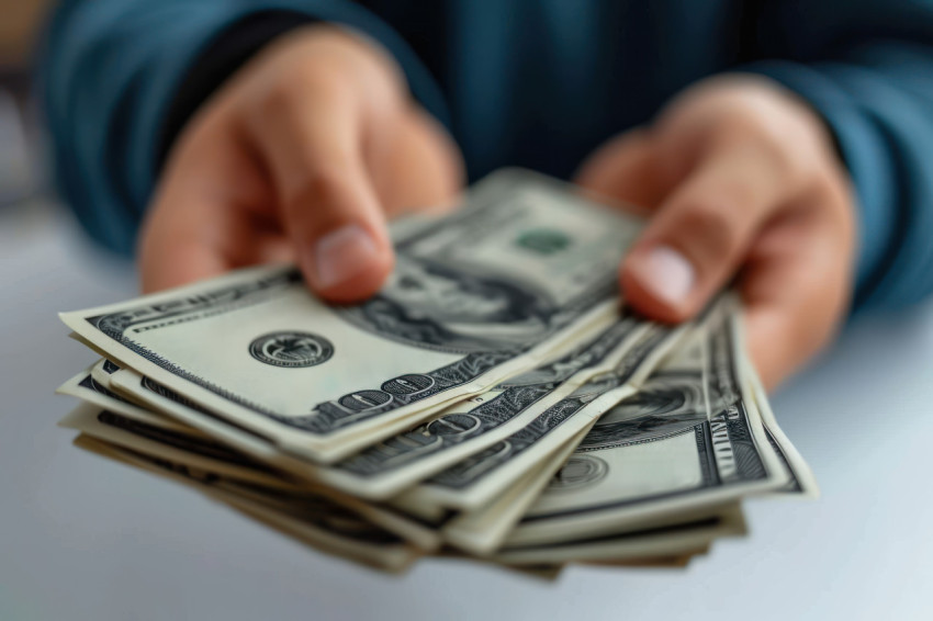 Male hand counts us dollars in a close up emphasizing financial success and business concept Male hand counts us dollars in a close up emphasizing financial success and business concept