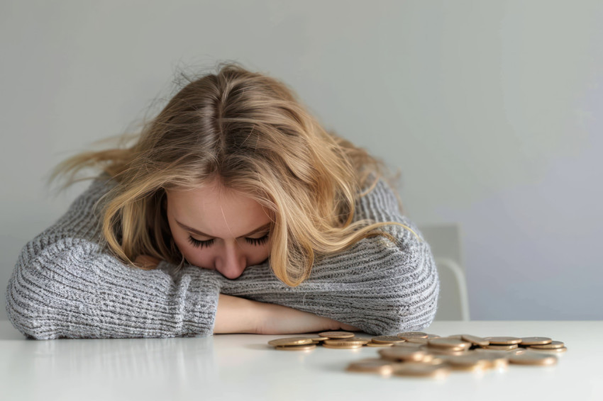 Overwhelmed by financial worries a person experiences deep sadness and despair due to money concerns Overwhelmed by financial worries a person experiences deep sadness and despair due to money concerns