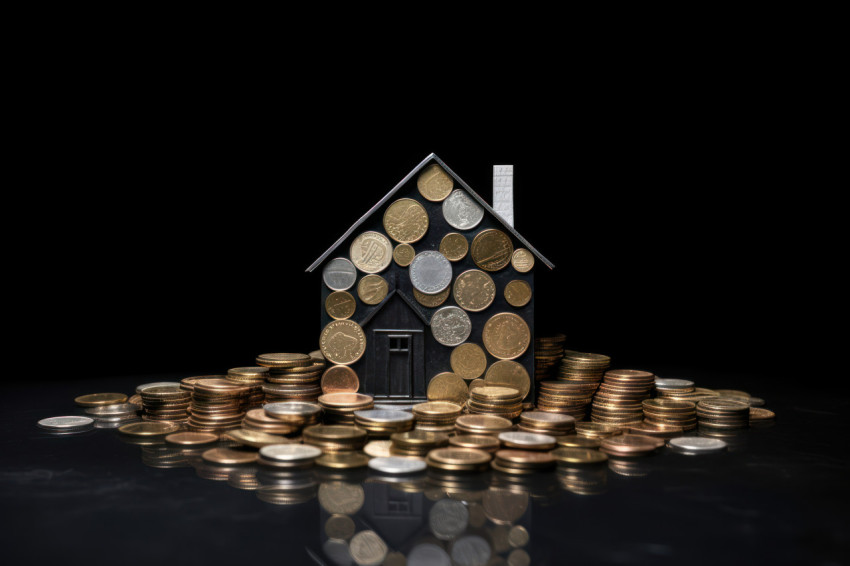 Coins form a house on a black background illustrating the concept of a mortgage for homeownership Coins form a house on a black background illustrating the concept of a mortgage for homeownership