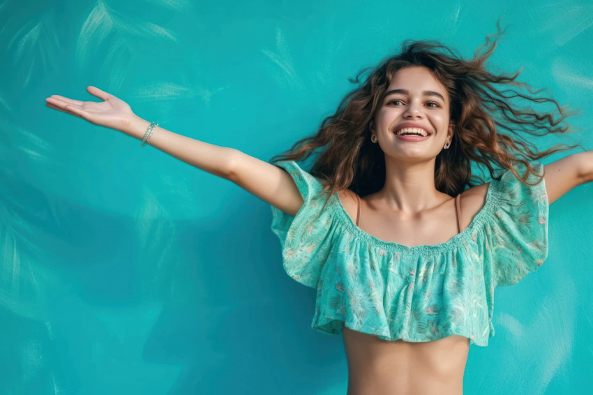 Satisfied girl in her 20s extends arms in freedom gesture against tropical teal background headshot portrait photography Satisfied girl in her 20s extends arms in freedom gesture against tropical teal background headshot portrait photography