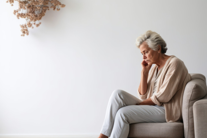 Lonely senior woman in her 60s sitting sadly on the sofa Lonely senior woman in her 60s sitting sadly on the sofa