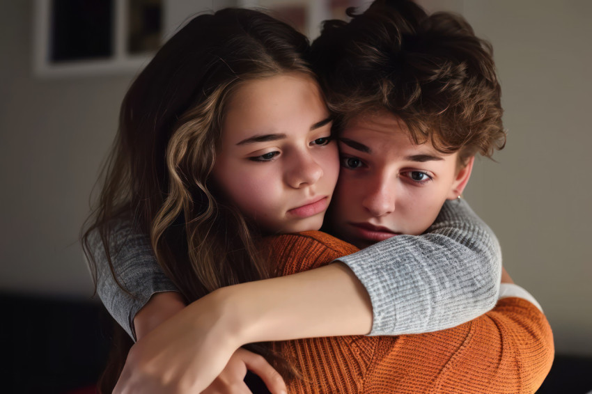 Two teens embracing sadly in bedroom finding comfort in each other during a difficult moment Two teens embracing sadly in bedroom finding comfort in each other during a difficult moment