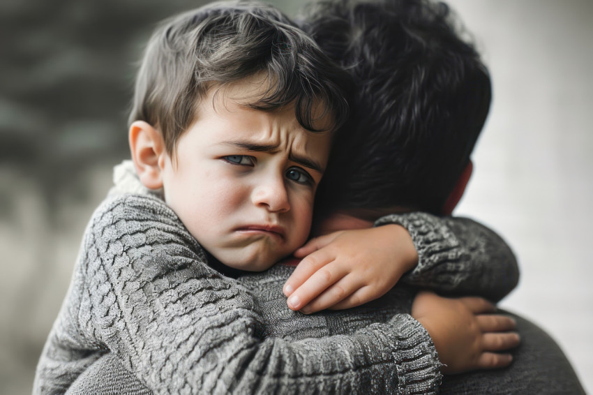 Upset little boy crying on his father shoulder seeking comfort and reassurance in a tender moment of parental support Upset little boy crying on his father shoulder seeking comfort and reassurance in a tender moment of parental support