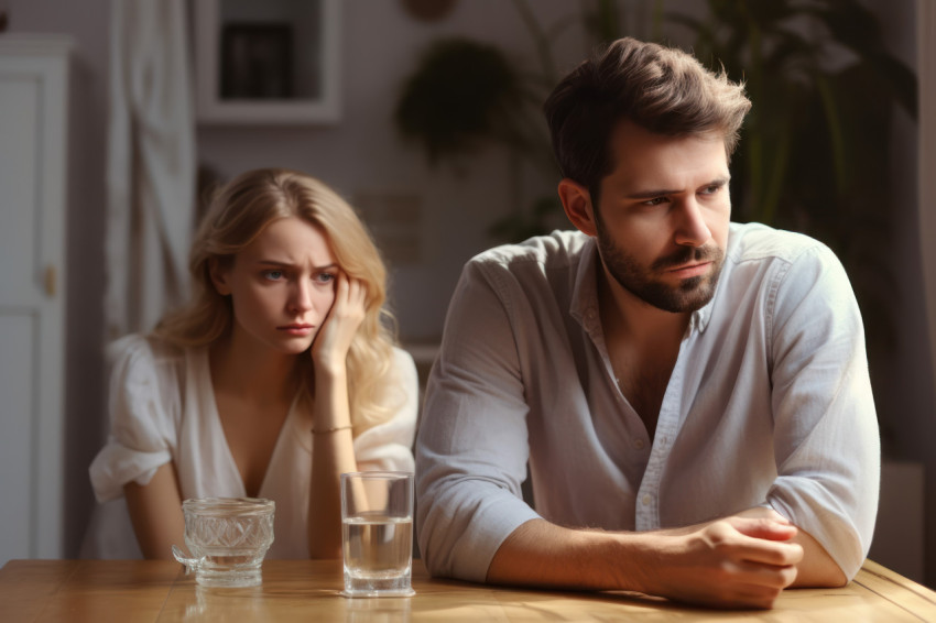 Unhappy husband sitting leaning over water glass young woman reassuring him at the table Unhappy husband sitting leaning over water glass young woman reassuring him at the table