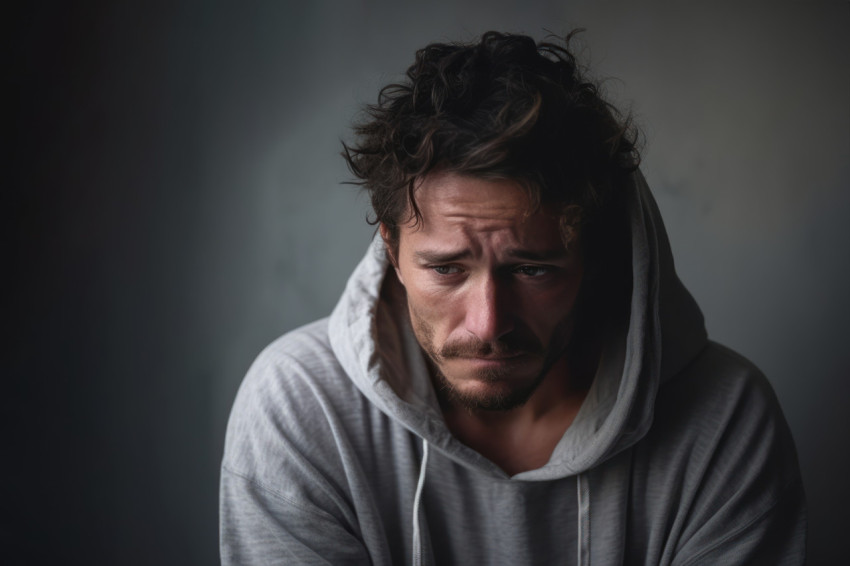 A man expressing deep sadness and facing the challenges of depression in a powerful portrait A man expressing deep sadness and facing the challenges of depression in a powerful portrait