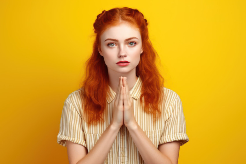 Desperate ginger girl in shirt prays for forgiveness expressing sorrow for a mistake in a studio shot on yellow background Desperate ginger girl in shirt prays for forgiveness expressing sorrow for a mistake in a studio shot on yellow background