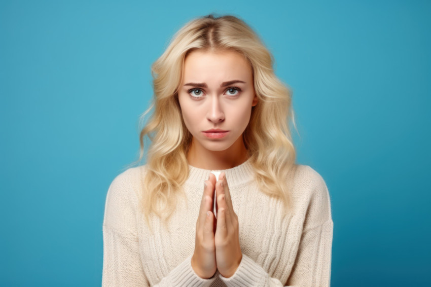 Beautiful woman in sweater pleads for a extra holidays expressing guilt in an indoor studio shot on a blue background Beautiful woman in sweater pleads for a extra holidays expressing guilt in an indoor studio shot on a blue background