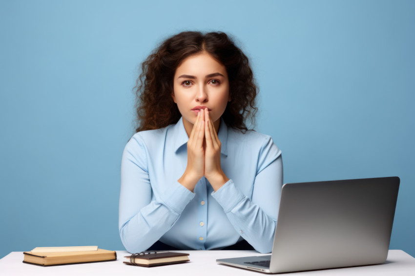 Young woman employee at workplace holds hands in praying gesture pleading for help with a desperate face on blue background Young woman employee at workplace holds hands in praying gesture pleading for help with a desperate face on blue background