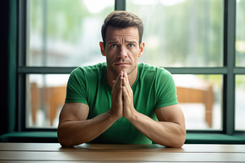 Young businessman in green t shirt pleads for help expressing worry about a business problem indoors near a big window in daylight Young businessman in green t shirt pleads for help expressing worry about a business problem indoors near a big window in daylight