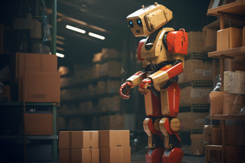 Robot holding a box in warehouse Robot holding a box in warehouse