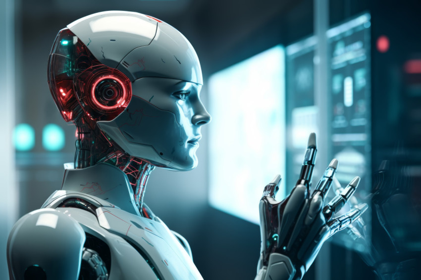 Robot holds avatar symbol touches screen futuristic interaction concept Robot holds avatar symbol touches screen futuristic interaction concept