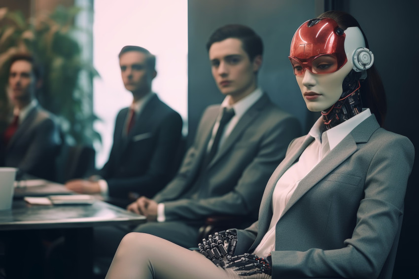 Business people sit in office next to robot discussing ideas and technology in a collaborative workspace
