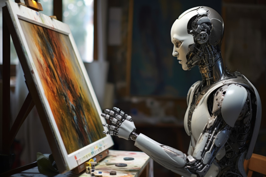 Robot artist creating lifelike paintings in a studio with precision and skill Robot artist creating lifelike paintings in a studio with precision and skill