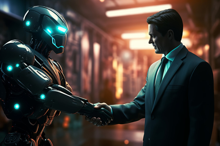 Businessman shakes hands with robot in futuristic office setting Businessman shakes hands with robot in futuristic office setting