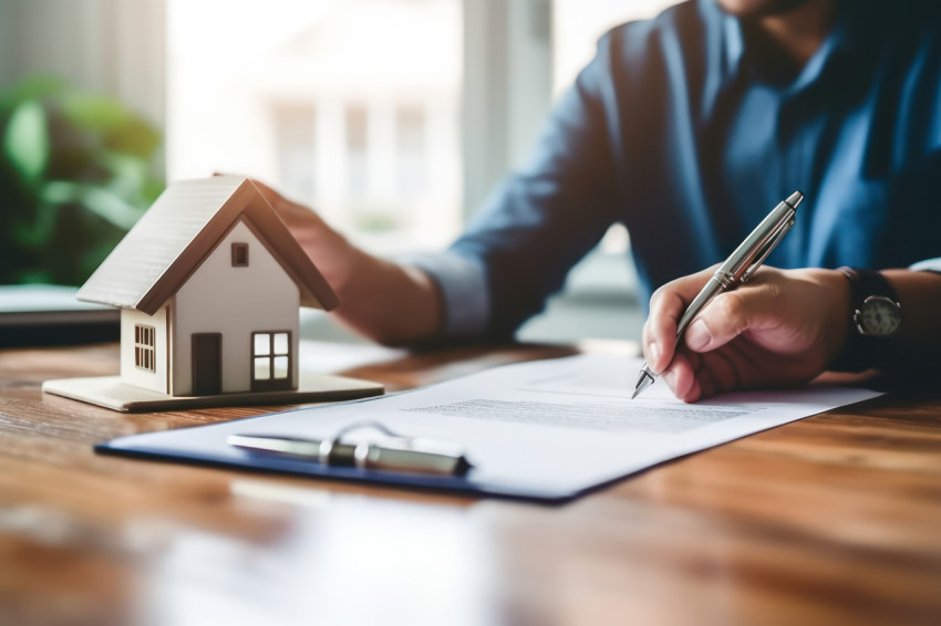 Realtor advises buyer to sign mortgage document close up on tenant hand holding pen signing paperwork Realtor advises buyer to sign mortgage document close up on tenant hand holding pen signing paperwork