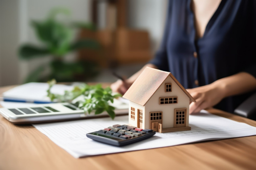 Woman renter using calculator for financial accounting managing expenses calculating bank loan and handling paperwork for real estate Woman renter using calculator for financial accounting managing expenses calculating bank loan and handling paperwork for real estate