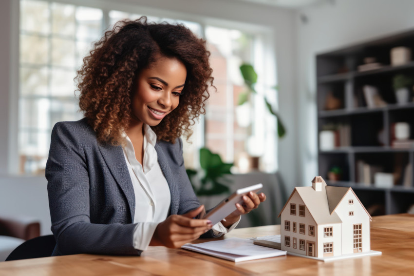 African american businesswoman real estate agent using smartphone and calculator to offer mortgages in home finance concept African american businesswoman real estate agent using smartphone and calculator to offer mortgages in home finance concept
