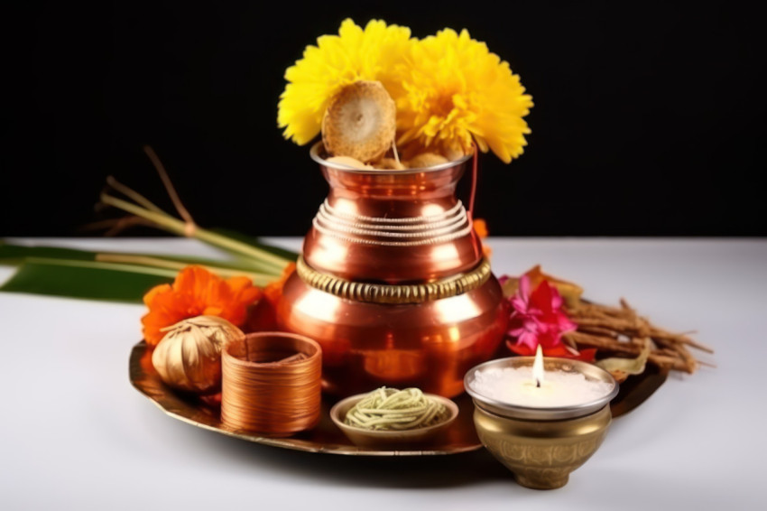 Copper kalash with coconut mango leaf pooja thali diya kumkum and sweets in a beautiful floral setting on a white background Copper kalash with coconut mango leaf pooja thali diya kumkum and sweets in a beautiful floral setting on a white background