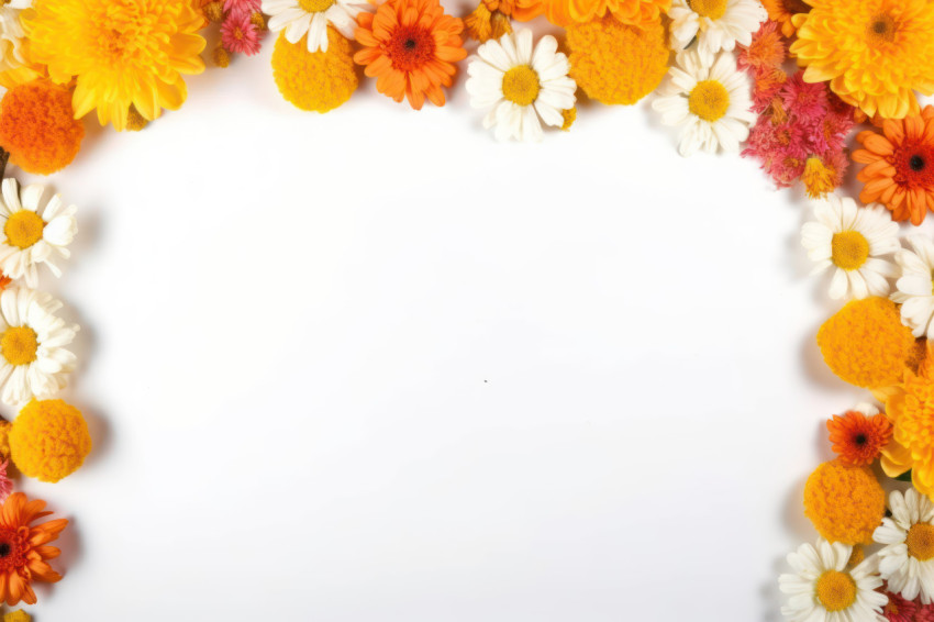 A stunning flat lay of yellow and orange flowers arranged on a white background A stunning flat lay of yellow and orange flowers arranged on a white background