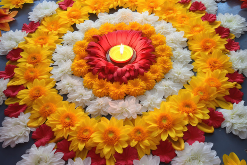 Vibrant marathi pookalam enhances the festive spirit showcasing intricate floral patterns in celebration of a traditional marathi festival Vibrant marathi pookalam enhances the festive spirit showcasing intricate floral patterns in celebration of a traditional marathi festival