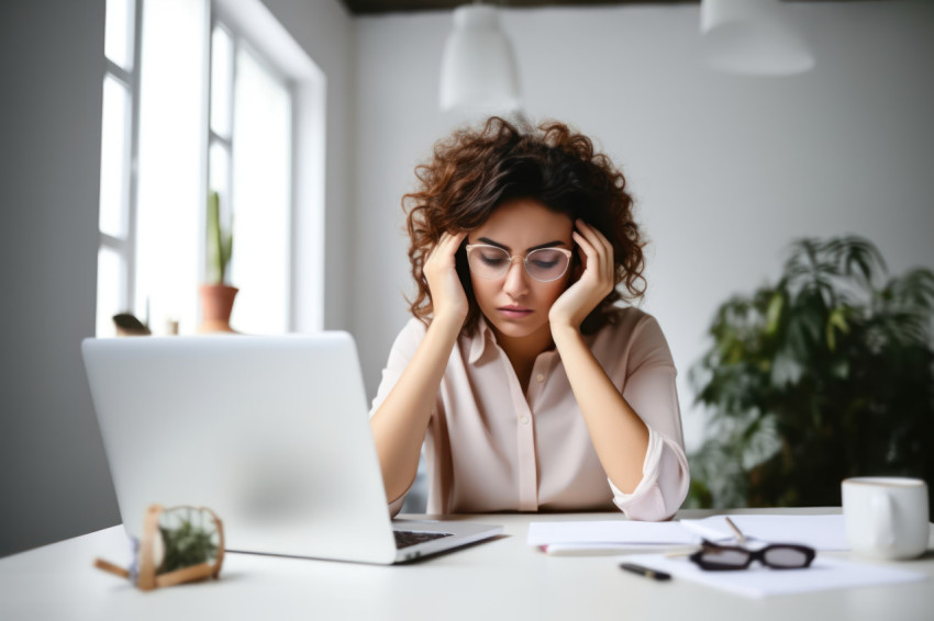 Woman entrepreneur dealing with a headache at her desk Woman entrepreneur dealing with a headache at her desk