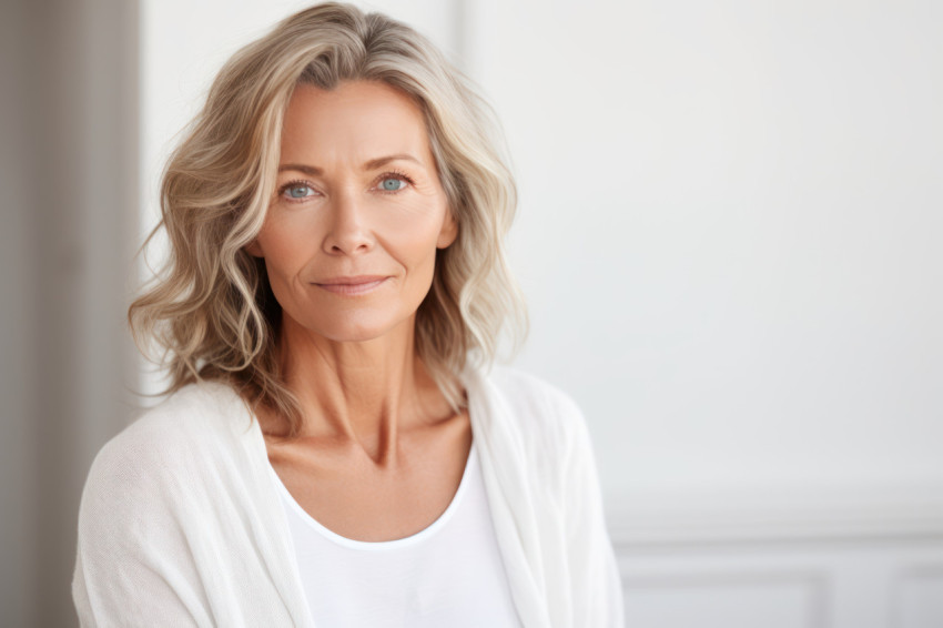 Capturing the poise of a senior woman standing confidently in a room exuding grace and charm Capturing the poise of a senior woman standing confidently in a room exuding grace and charm