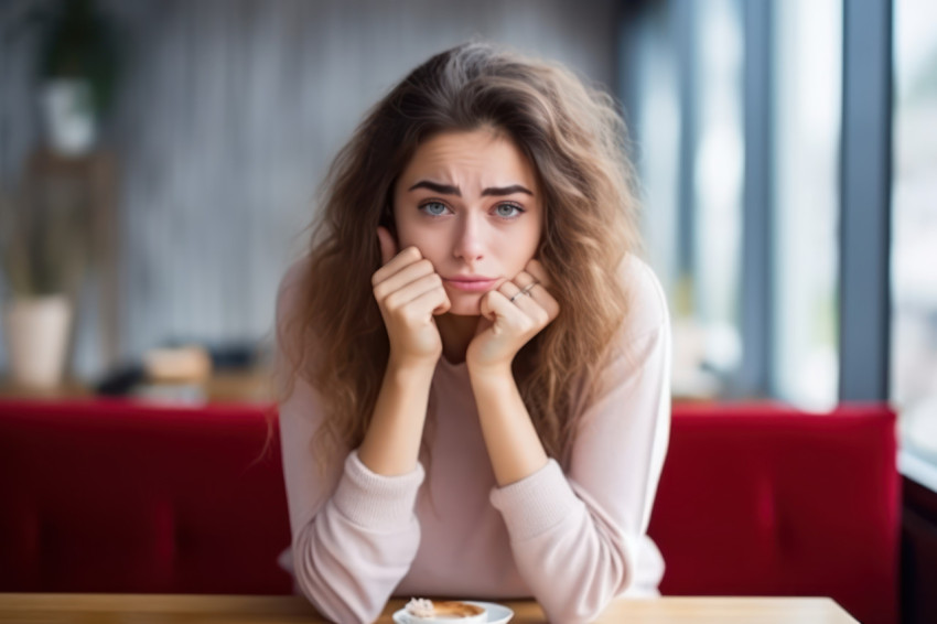 Woman in cafe looking forlorn anticipating someone presence Woman in cafe looking forlorn anticipating someone presence