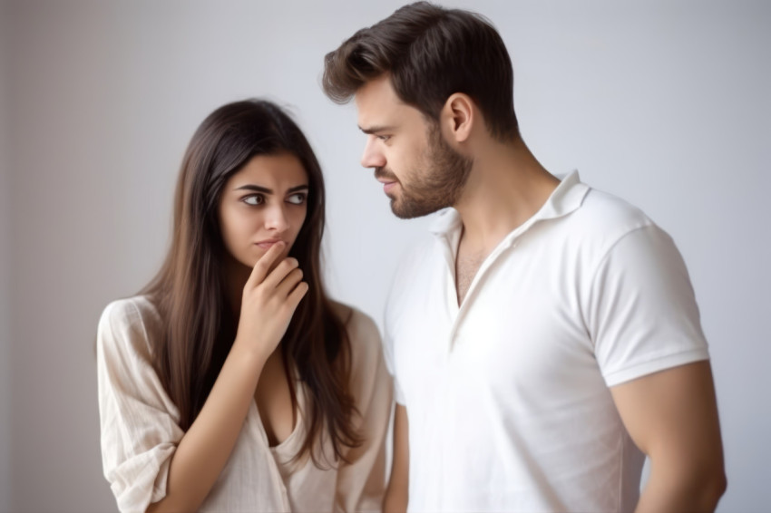 An attractive woman sincerely apologizes to a frustrated man seeking resolution and understanding An attractive woman sincerely apologizes to a frustrated man seeking resolution and understanding