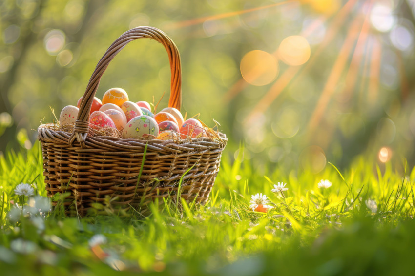 Easter eggs arranged in a wicker basket on the green grass Easter eggs arranged in a wicker basket on the green grass