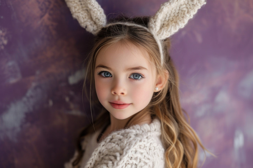 Girl in wearing bunny ears posing on a purple backdrop Girl in wearing bunny ears posing on a purple backdrop