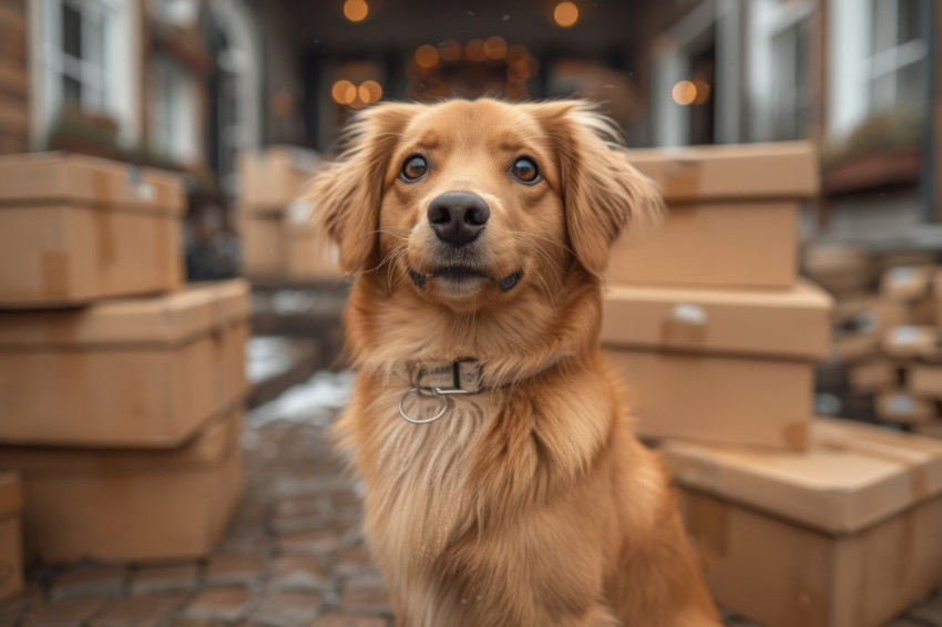 Cute dog sitting beside moving boxes outside a home Cute dog sitting beside moving boxes outside a home