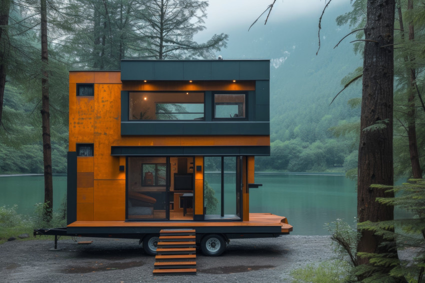 Tiny house on wheels nestled in the forest near a lake a cozy retreat surrounded by nature beauty