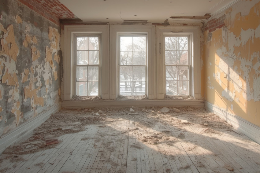 Room undergoing demolition for downsized home renovations with an empty window Room undergoing demolition for downsized home renovations with an empty window
