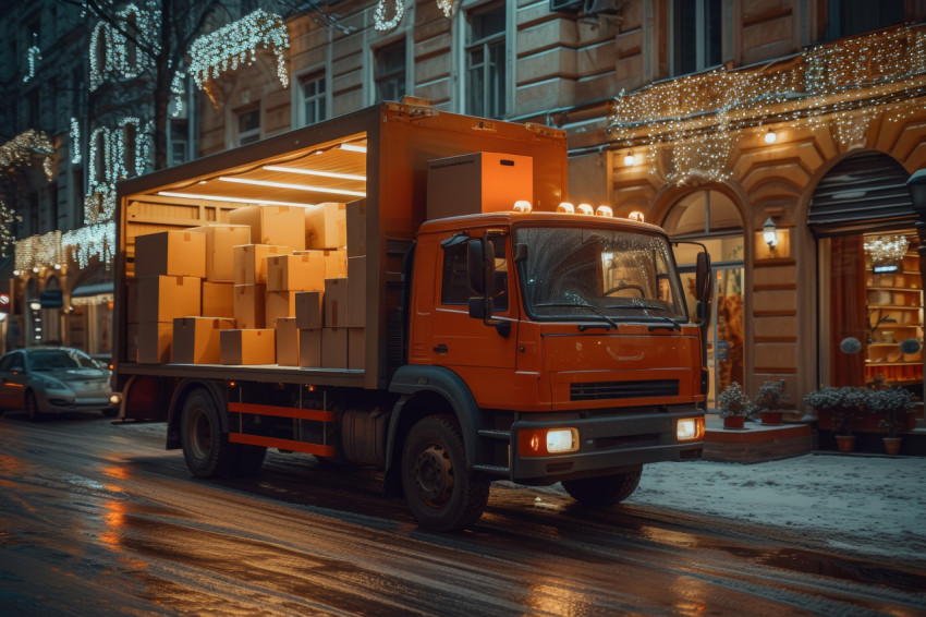 Moving truck with boxes inside and outside apartment for relocation Moving truck with boxes inside and outside apartment for relocation