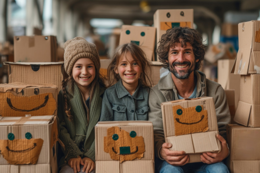 Happy couple sitting with their cat in the living room surrounded by moving boxes making their new home cozy Happy couple sitting with their cat in the living room surrounded by moving boxes making their new home cozy, family downsizing stories photo