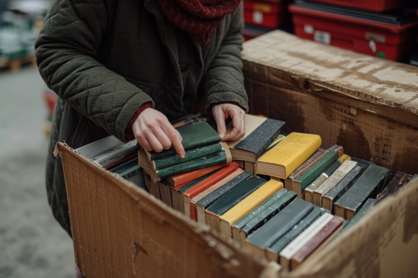 Person placing new books into a cardboard box Person placing new books into a cardboard box