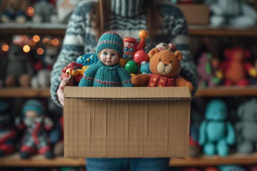 Person holding toys in a cardboard box exploring colorful playthings with joy and excitement Person holding toys in a cardboard box exploring colorful playthings with joy and excitement