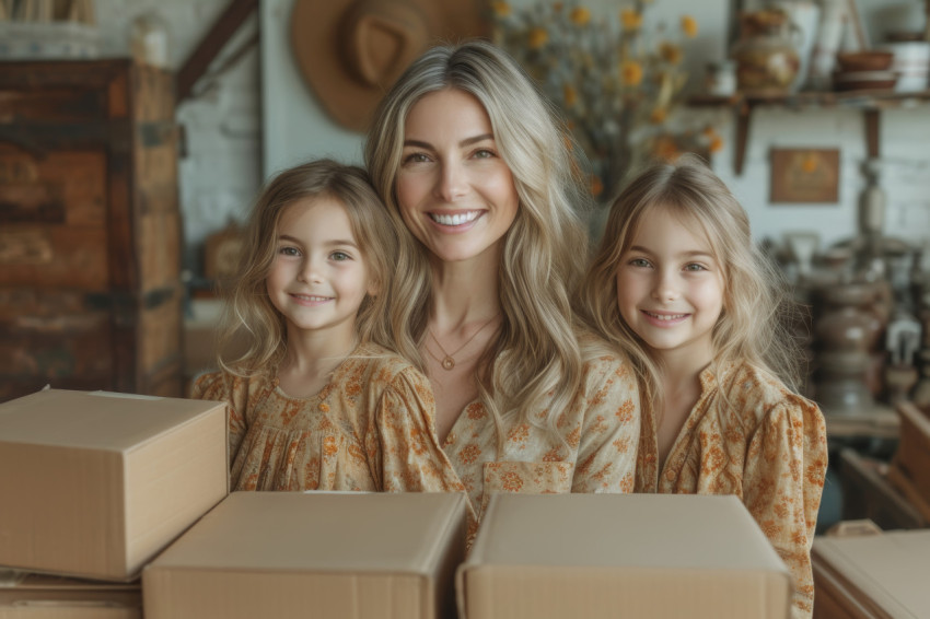 Happy mother and daughters unpacking boxes in the living room creating a warm and joyful atmosphere in their new home Happy mother and daughters unpacking boxes in the living room creating a warm and joyful atmosphere in their new home