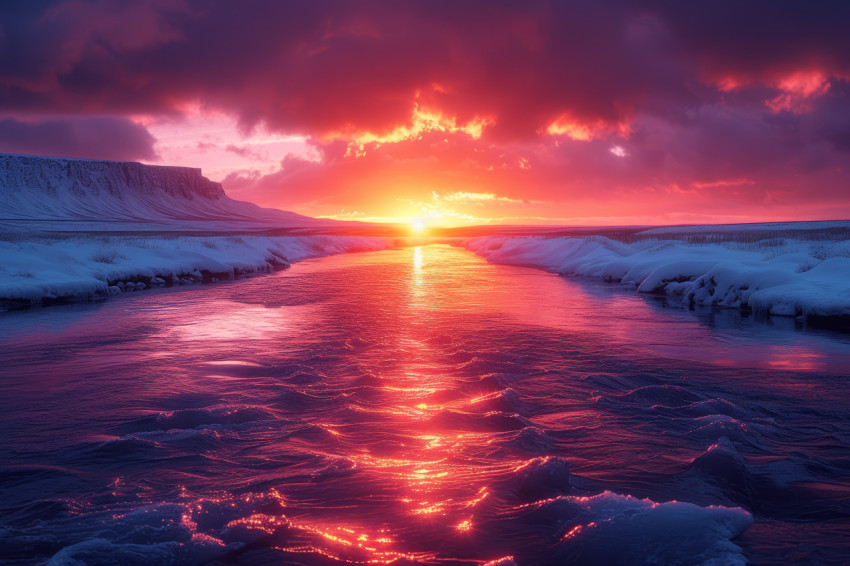 Glowing sunset colors blanket the icy river in iceland creating a mesmerizing view of nature beauty Glowing sunset colors blanket the icy river in iceland creating a mesmerizing view of nature beauty, melting glaciers and icebergs concept