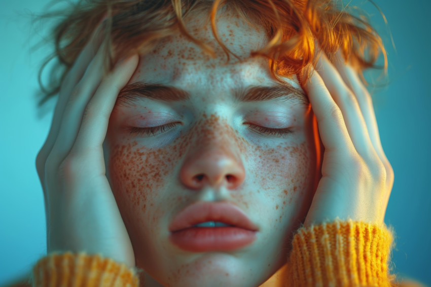 An upset male hands over head experiencing a headache expressing distress and discomfort An upset male hands over head experiencing a headache expressing distress and discomfort