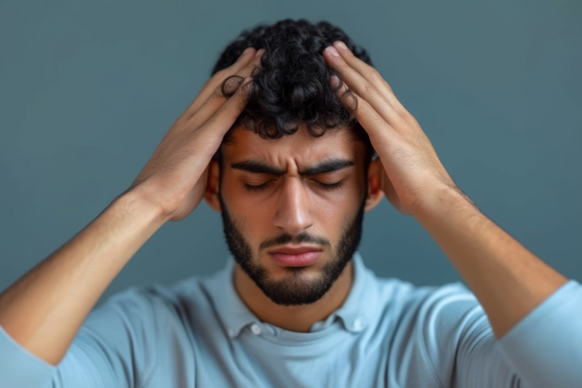 A man from the middle east is shown in distress holding his head in pain suffering from a headache A man from the middle east is shown in distress holding his head in pain suffering from a headache