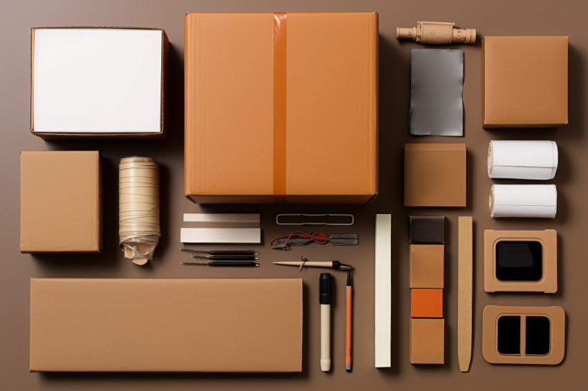 A collection of office essentials and stationery neatly arranged inside a brown box A collection of office essentials and stationery neatly arranged inside a brown box